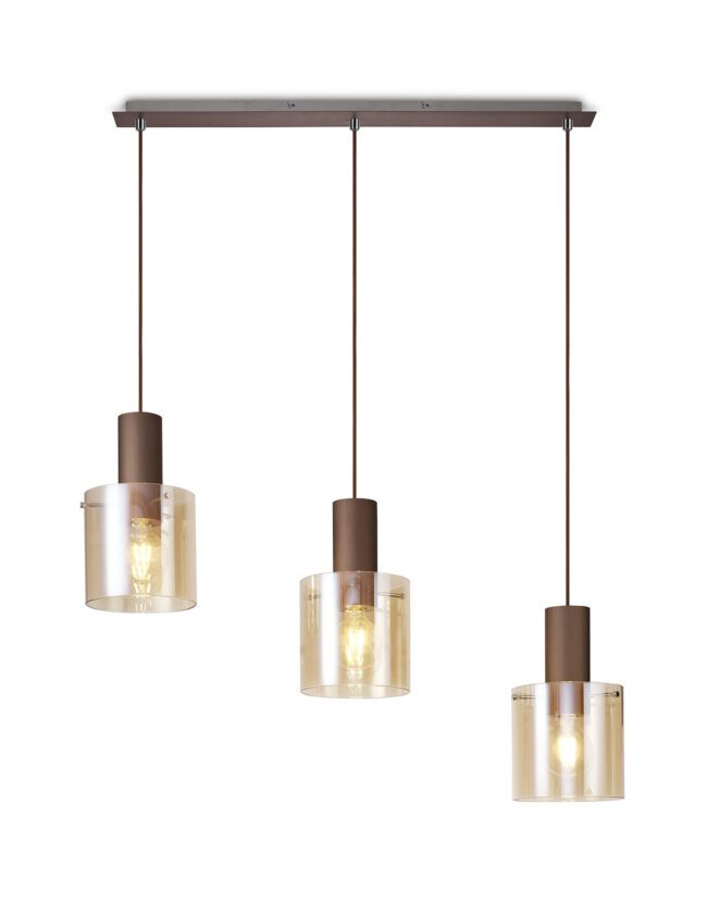 lavish_ Three Bonnie Linear Pendant lights with mocha/amber glass shades and Southport brown accents suspended from a horizontal bar, perfect for home decor and interior design.