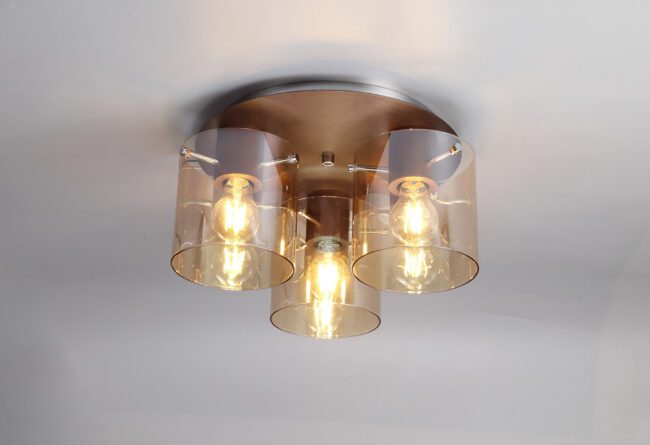 lavish_ A modern Bonnie Round Ceiling Flush light fixture with three illuminated bulbs, perfect for enhancing your interior design.