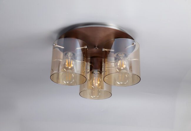 lavish_ Modern Bonnie Round Ceiling Flush, 3 Light Flush Fitting fixture with three illuminated bulbs.