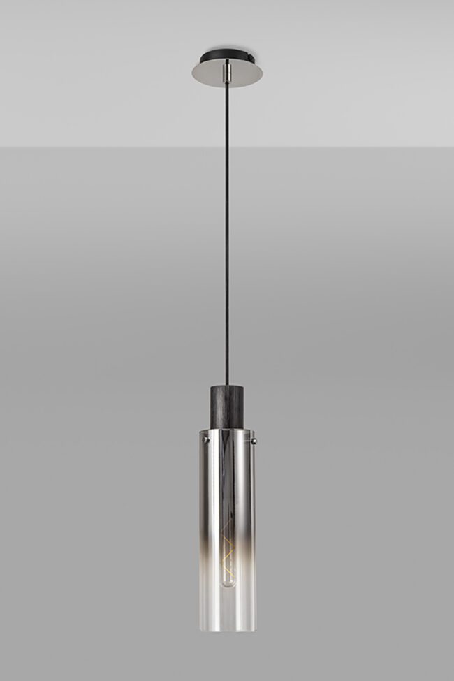 lavish_ A modern Bonnie Slim Single pendant light with a cylindrical glass shade hanging from a ceiling, perfect for interior design and home decor.