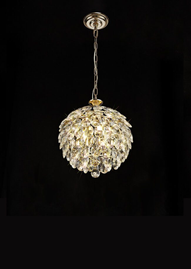 lavish_ An illuminated Mayfair Pendant, 3 Light E14, French Gold/Crystal against a black background, perfect for Southport home decor.