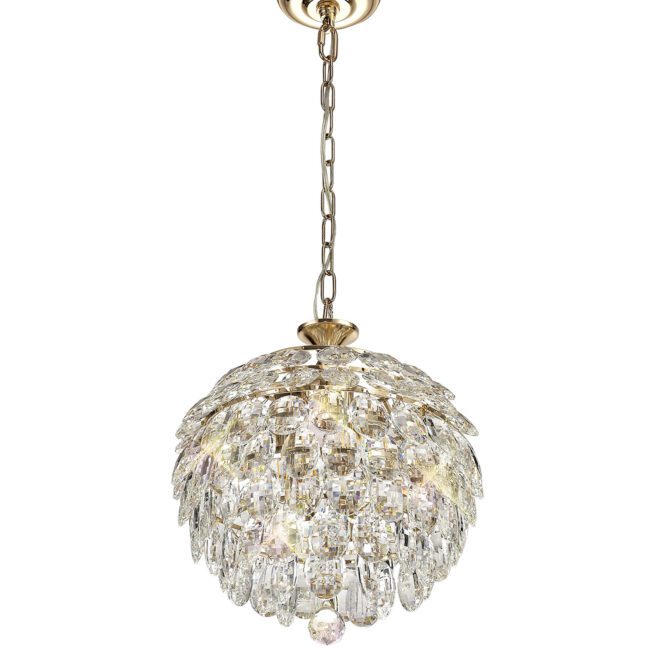lavish_ Elegant Mayfair Pendant, 3 Light E14 in French Gold/Crystal with brass fittings suitable for interior design, displayed on a white background.