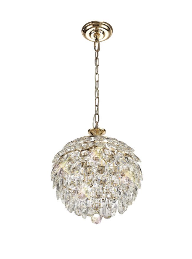 lavish_ Elegant Mayfair Pendant, 3 Light E14 in French Gold/Crystal with brass fittings suitable for interior design, displayed on a white background.