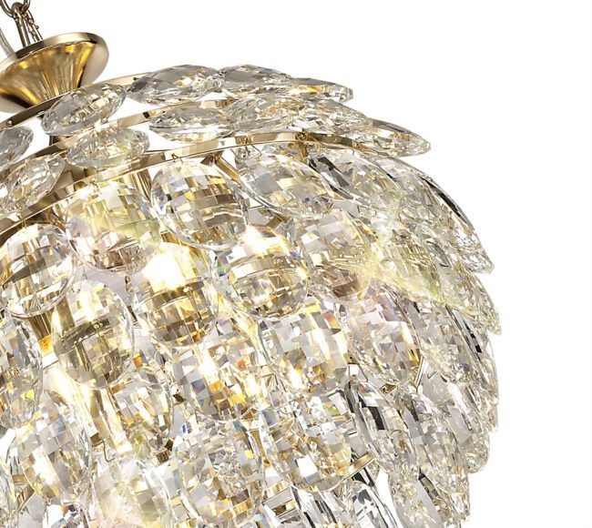 lavish_ Close-up of a Mayfair Pendant, 3 Light E14, French Gold/Crystal chandelier with warm light, perfect for Southport home decor.