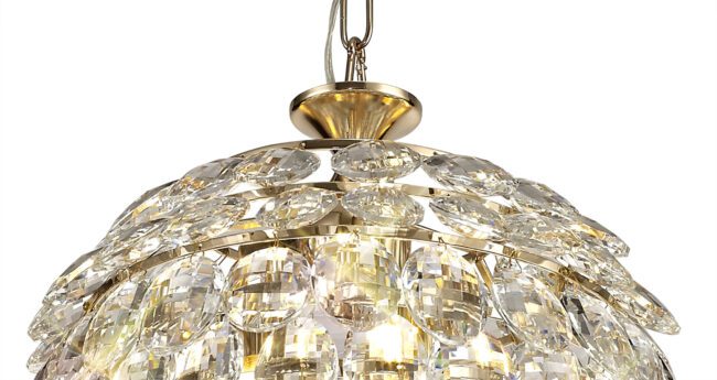 lavish_ Elegant Mayfair Pendant with French Gold/Crystal accents, perfect for Southport home decor, illuminated from within.