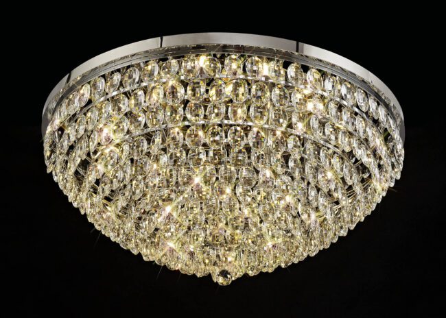 lavish_ Mayfair Flush Ceiling, 15 Light E14, Polished Chrome/Crystal chandelier with a circular design against a dark background, perfect for enhancing your home decor.
