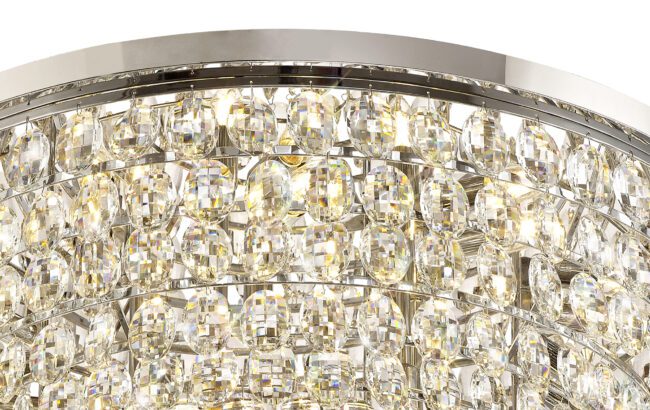 lavish_ Close-up of a Mayfair Flush Ceiling, 15 light E14, Polished Chrome/Crystal with a stainless steel frame, illuminated crystals, and an interior design touch perfect for Southport-inspired furniture.