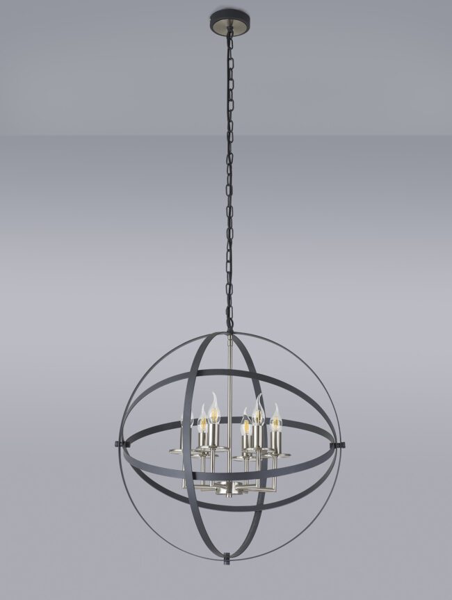 lavish_ Saturn Pendant chandelier, inspired by Southport interior design, with candle-like lights suspended from a chain.