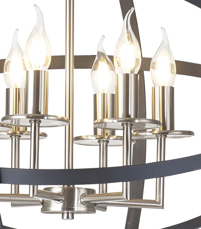 lavish_ Contemporary Saturn Pendant chandelier with lit candles and a metal frame design.