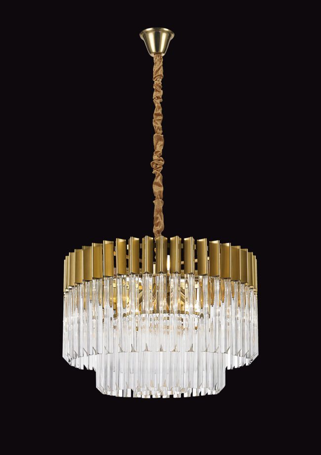 lavish_ Imogen Pendant Round 8 Light E14 with Brass/Clear Sculpted Glass accents and hanging crystal prisms on a black background, perfect for interior design.