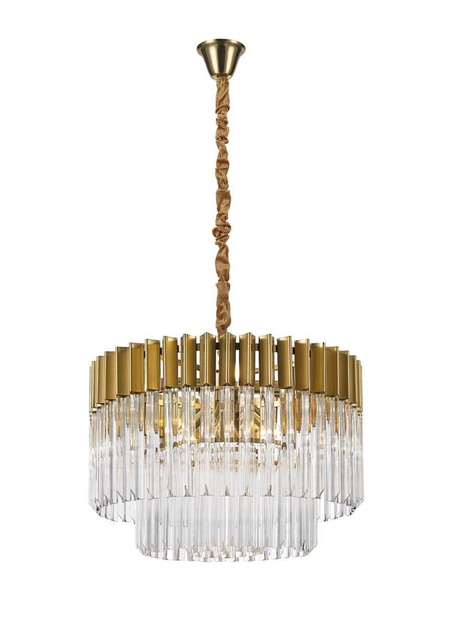 lavish_ Imogen Pendant Round 8 Light E14 with brass/clear sculpted glass accents and a twisted rope detail on the suspension, perfect for enhancing your home decor.