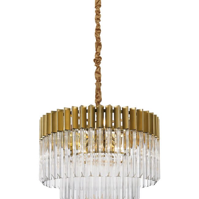 lavish_ Imogen Pendant Round 8 Light E14 with clear sculpted glass rods and brass-tone metal accents, suspended by a decorative chain.
