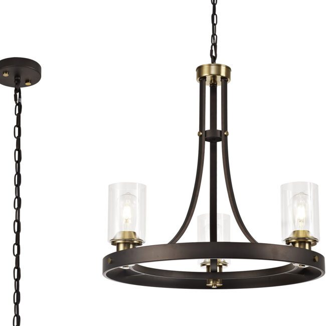 lavish_ Contemporary Kenny Pendant 3 Light E27 chandelier with a metal frame and cylindrical clear glass shades, suspended from a chain, perfect for interior design.