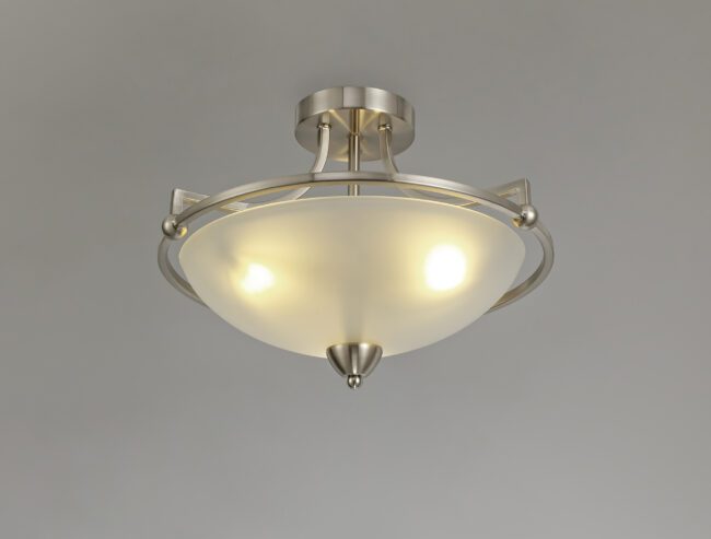 lavish_ A Mia semi-flush mount ceiling light fixture with a frosted glass shade and metal accents, perfect for Southport interior design.