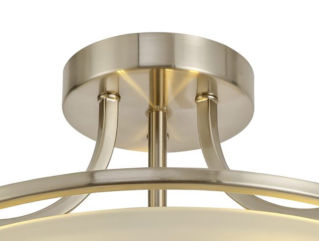 lavish_ Close-up of a Mia Semi Flush Ceiling, 3 Light E27, Satin Nickel/Frosted Glass with a metallic finish, perfect for Southport interior design.