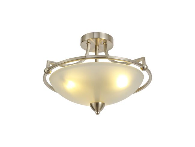 lavish_ Modern home decor Mia Semi Flush Ceiling, 3 Light E27, Satin Nickel/Frosted Glass fixture with metal accents.