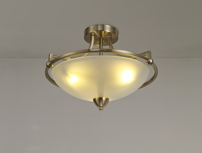 lavish_ Ceiling-mounted Mia Semi Flush Ceiling light fixture with a frosted glass shade and brass accents, ideal for Southport interior design.