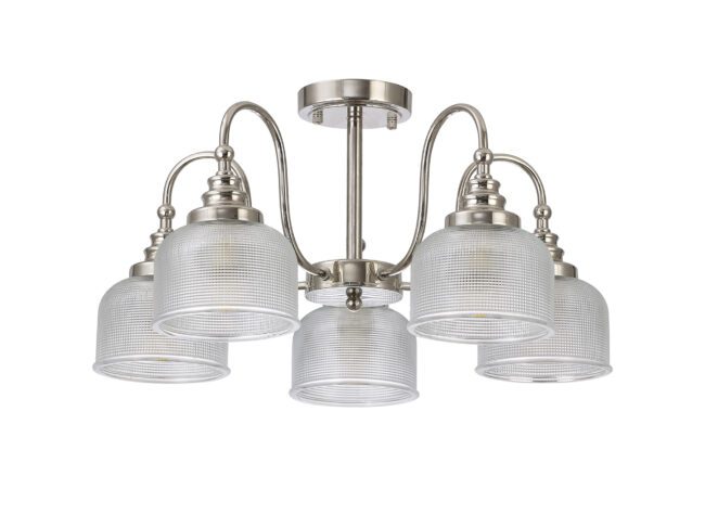 lavish_ Five-light Helena Semi Flush / Pendant with a Polished Nickel finish and Prismatic Glass shades, perfect for Southport home decor.