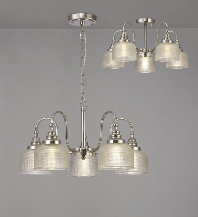 lavish_ Ceiling Helena Semi Flush / Pendant light fixtures with prismatic glass shades and polished nickel details, perfect for home decor and interior design.