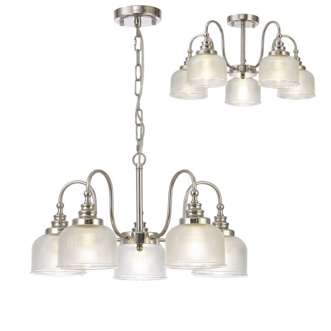 lavish_ Sentence with replaced product: Elegant Helena Semi Flush / Pendant, 5 Light E27, Polished Nickel / Prismatic Glass and wall lights with glass shades and metallic finish, perfect for Southport home decor.