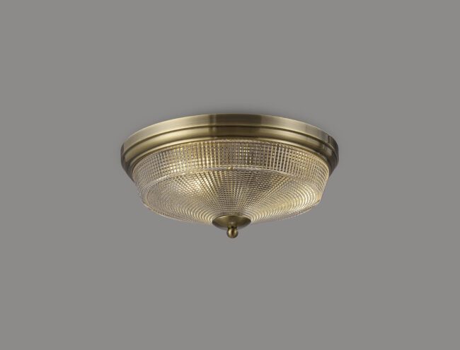 lavish_ Helena 2 Light E27 Flush Ceiling Light, Antique Brass / Prismatic Glass fixture with a textured glass shade, perfect for Southport home decor.