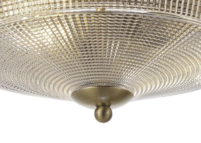 lavish_ Close-up of a Helena 2 Light E27 Flush Ceiling Light, Antique Brass / Prismatic Glass, an exquisite piece of home decor.