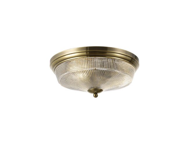 lavish_ Sentence with product name: Helena 2 Light E27 Flush Ceiling Light with an Antique Brass finish and Prismatic Glass shade, perfect for Southport home decor.