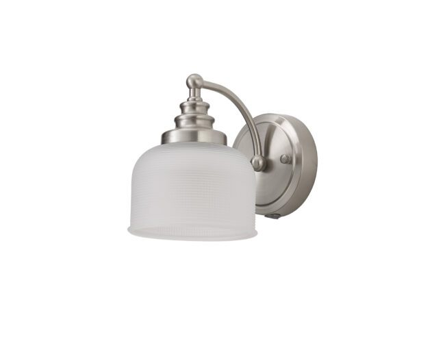 lavish_ Single Helena Switched Wall Lamp 1 Light E27 with a satin nickel finish and frosted glass shade.