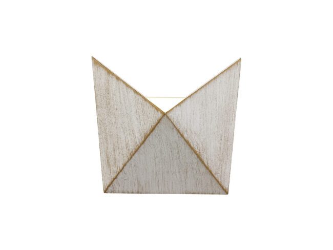 lavish_ A wooden triangular, Felix Wall Light-themed envelope-shaped decorative object for interior design on a white background.