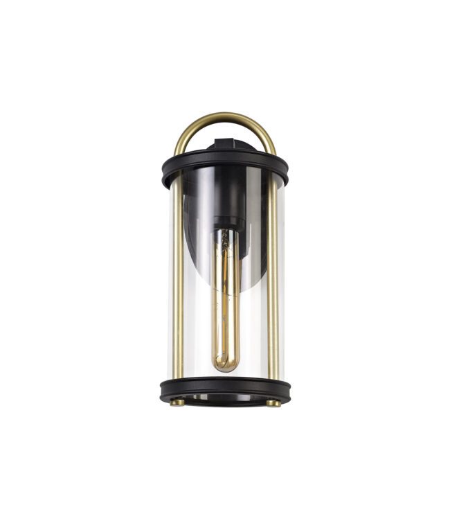 lavish_ Elegant modern Finley Small Wall Lamp with a clear cylindrical glass shade and brass accents, perfect for interior design and home decor.