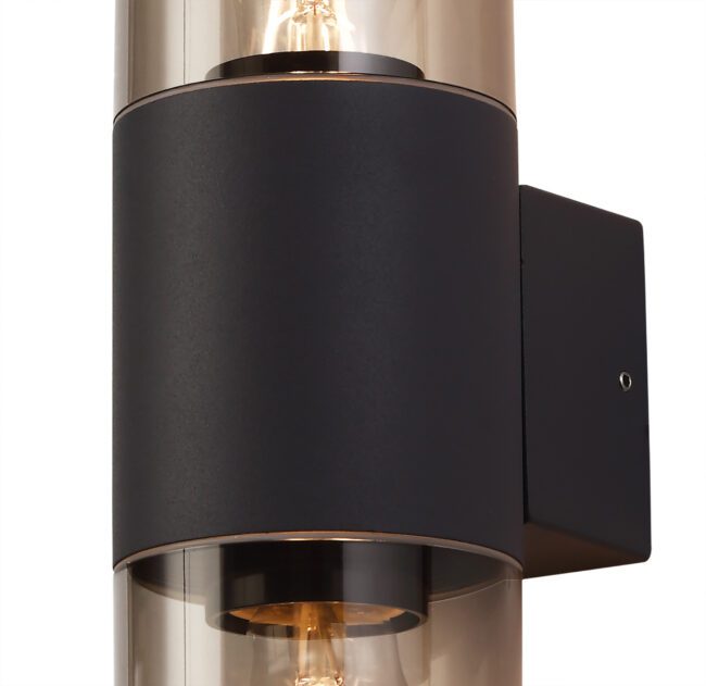lavish_ Modern Leo Wall Lamp outdoor wall sconce with a black finish and cylindrical glass shade.