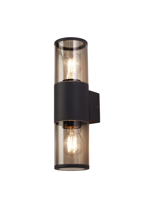 lavish_ Leo Wall Lamp mounted outdoor light fixture with lit bulbs visible through a clear cylindrical glass enclosure.