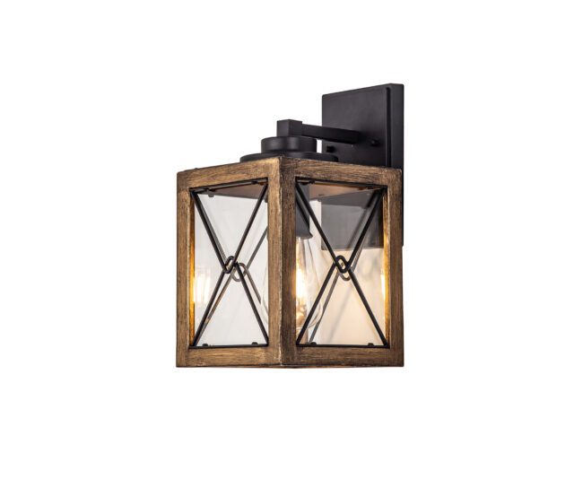 lavish_ A Gant Small Wall Lamp with a rustic wooden frame and clear glass panels, lit and mounted on a wall, perfect for home decor.