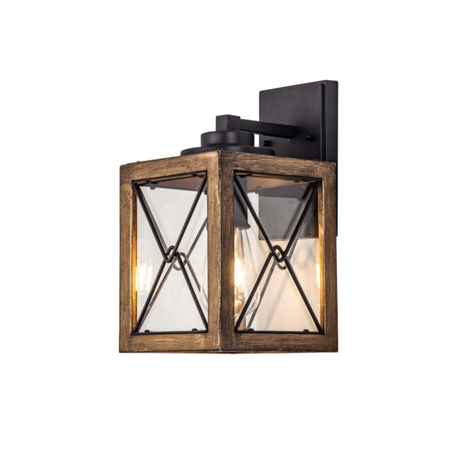 lavish_ A Gant Small Wall Lamp with a rustic wooden frame and clear glass panels, lit and mounted on a wall, perfect for home decor.