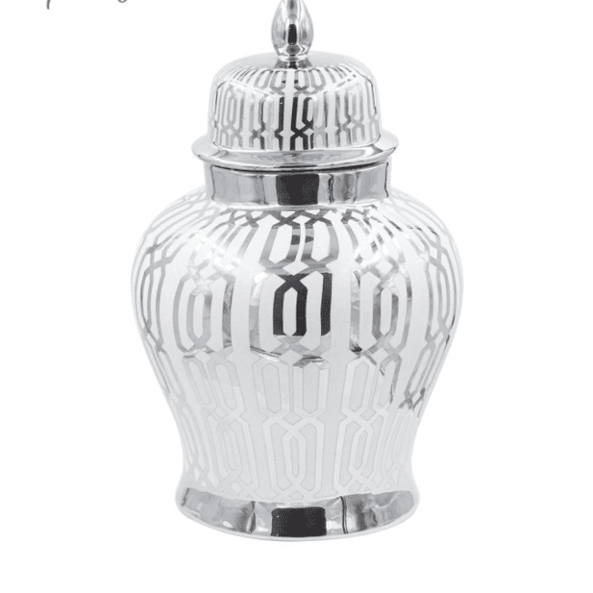 lavish_ Southport grey and silver-patterned lantern pendant with white background.