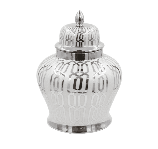 lavish_ Shiny silver sugar shaker with engraved patterns on a 30cm Grey And Silver Ginger Jar-inspired white background.