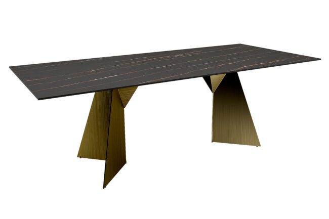 lavish_ Osiris Dining Table 2200 - Stone Golden Black with a dark top and angled metallic legs.