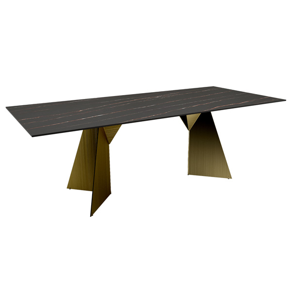 lavish_ Modern Osiris Dining Table 2200 - Stone Golden Black with dark wood top and angled metallic legs, perfect for interior design and home decor.