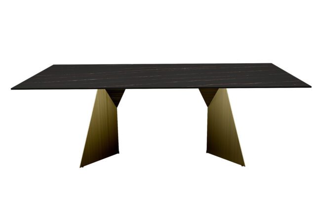lavish_ Modern Osiris Dining Table 2200 - Stone Golden Black with dark top and angled gold legs, perfect for refined interior design styles.