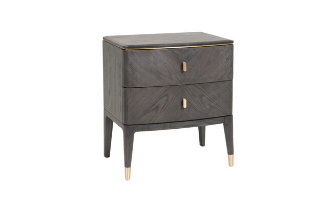 lavish_ Modern Diletta Bedside Table 2 Drawer - Ebony nightstand with brass accents ideal for home decor, on a white background.