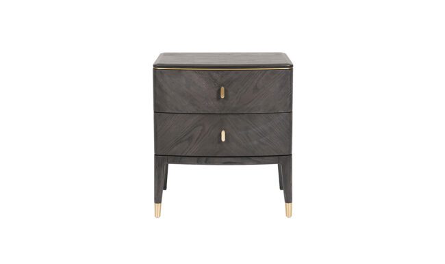lavish_ Diletta Bedside Table 2 Drawer - Ebony with brass accents and tapered legs.