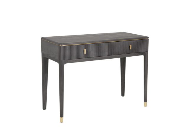 lavish_ A modern Diletta Dressing Table 2 Drawer - Ebony with ribbed texture and gold accents, perfect for southport-themed interior design.