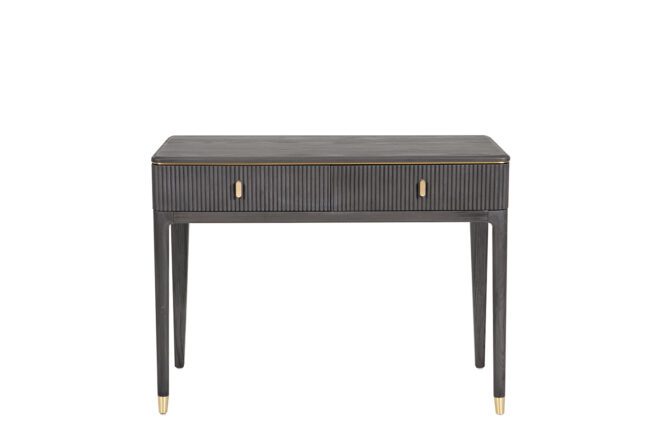 lavish_ Southport modern Diletta Dressing Table 2 Drawer - Ebony with fluted drawer design and brass accents on a white background.