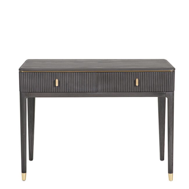 lavish_ Southport modern Diletta Dressing Table 2 Drawer - Ebony with fluted drawer design and brass accents on a white background.