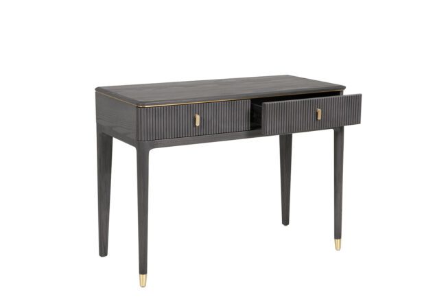 lavish_ Modern Diletta Dressing Table 2 Drawer - Ebony with gold accents and fluted drawer fronts on a white background.