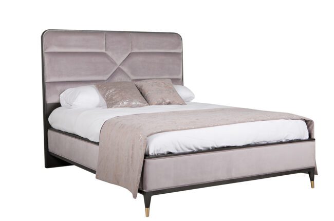 lavish_ Modern Diletta Bed 5' - Ebony Ecru Velvet with plush headboard and bedding, perfect for interior design enthusiasts, isolated on a white background.