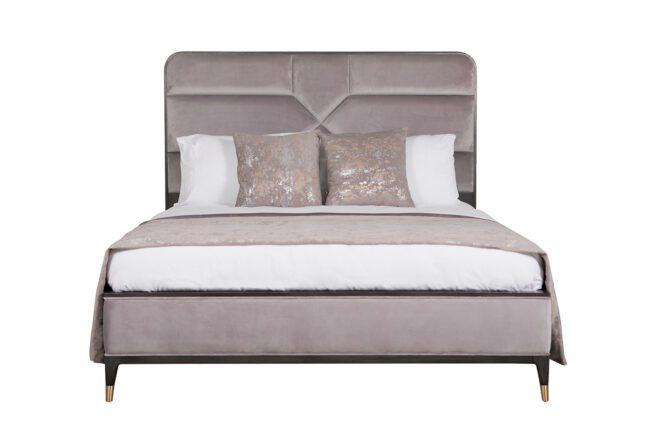 lavish_ A Diletta Bed 5' - Ebony Ecru Velvet with pillows against a white background, perfect for Southport interior design.