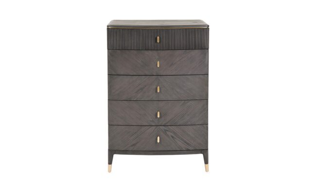 lavish_ Modern Diletta Tall Chest 5 Drawer - Ebony with brass handles and legs, perfect for Southport home decor.