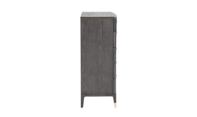 lavish_ Sentence with the replacement: A Diletta Tall Chest 5 Drawer - Ebony with closed doors and tapered legs against a white background, perfect for Southport-inspired home decor.