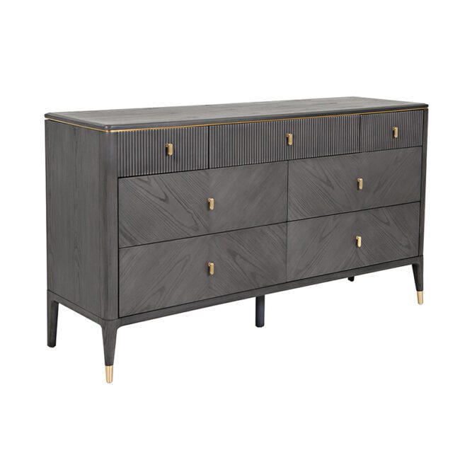 lavish_ Modern charcoal-colored wooden dresser with brass handles and tapered legs, perfect for southport interior design.